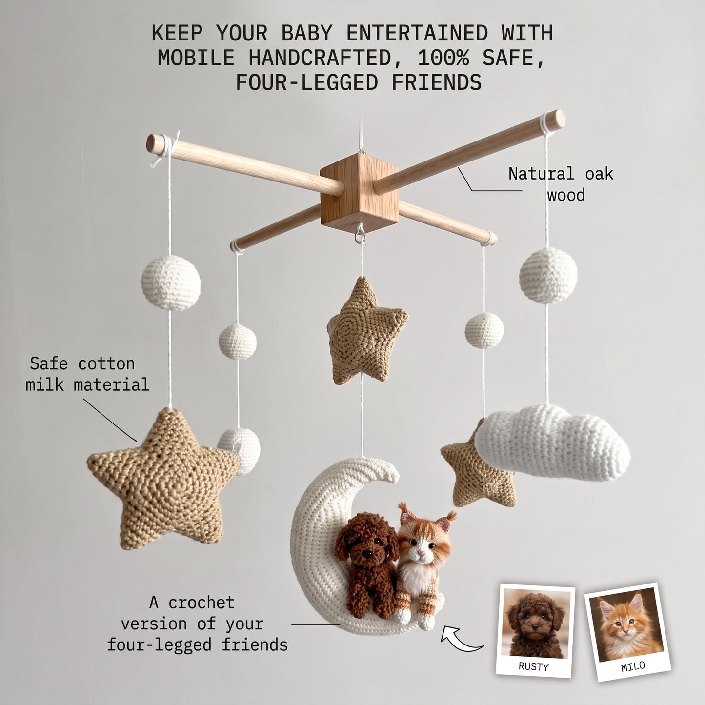 Pet Moon Brown | Custom Crochet Pet Nursery Baby Mobile